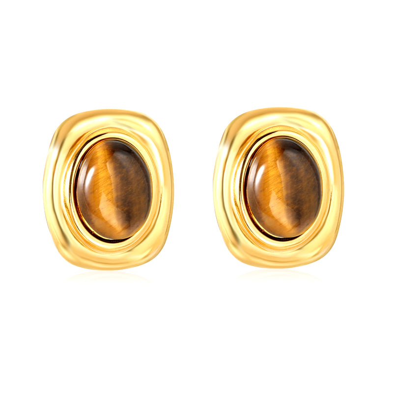 21mm x 25.1mm Oval Tiger's Eye Stud Earrings Steel/Gold