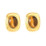 21mm x 25.1mm Oval Tiger's Eye Stud Earrings Steel/Gold
