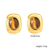 21mm x 25.1mm Oval Tiger's Eye Stud Earrings Steel/Gold