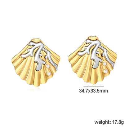 34.7mm*33.5mm Pearl Coral Shell Stud Earrings, Two-tone Gold asonjewelry