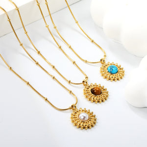 15.3mm round grain face with imitation white pearl/blue turquoise/tiger eye pendant 0.9+2mm round snake bead necklace 40+5cm+6mm round plaque necklace gold color