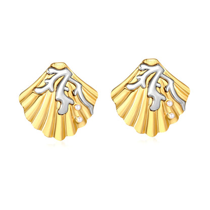34.7mm*33.5mm Pearl Coral Shell Stud Earrings, Two-tone Gold asonjewelry