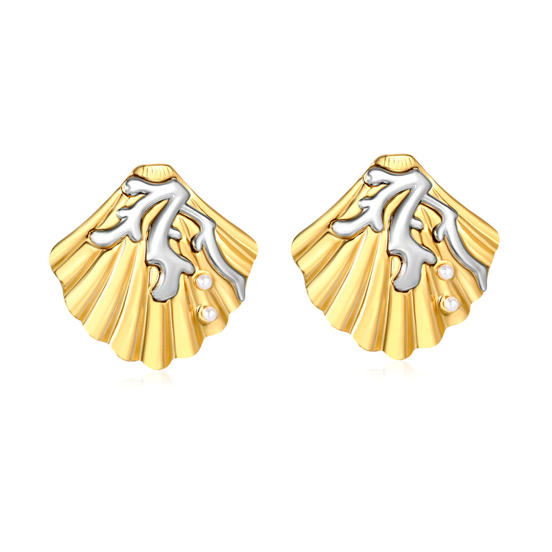 34.7mm*33.5mm Pearl Coral Shell Stud Earrings, Two-tone Gold
