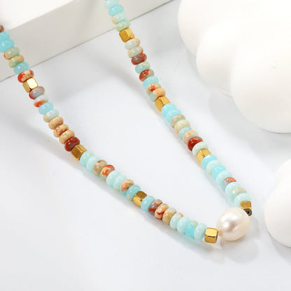 4.5*2.5mm Round Flat Imitation Shoushan Stone+3mm Square+8.2*9.5mm Freshwater Pearls Necklace 35+7cm+6mm Round Necklace GOLDEN asonjewelry