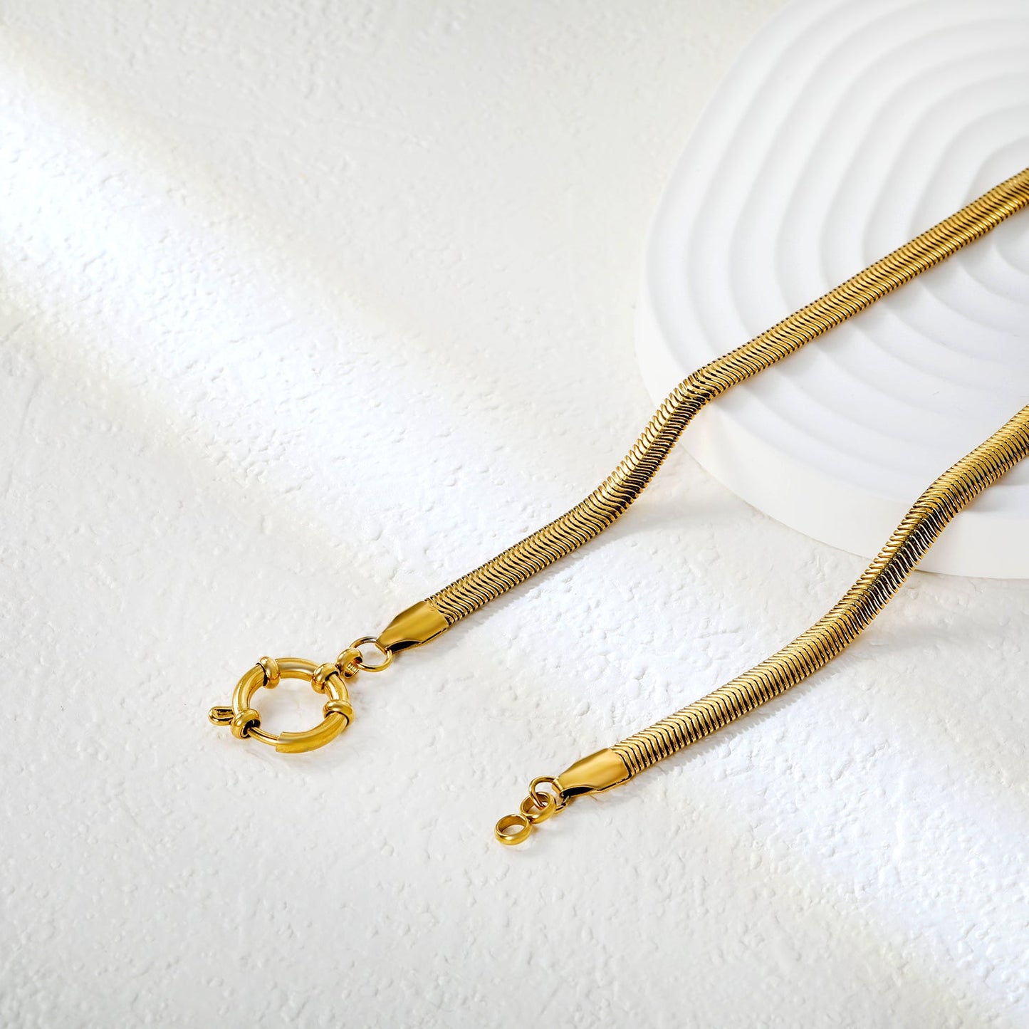 Flat snake chain 5mm wide x 2.2mm thick + 43cm + round clasp outer diameter 14.1mm necklace, gold asonjewelry