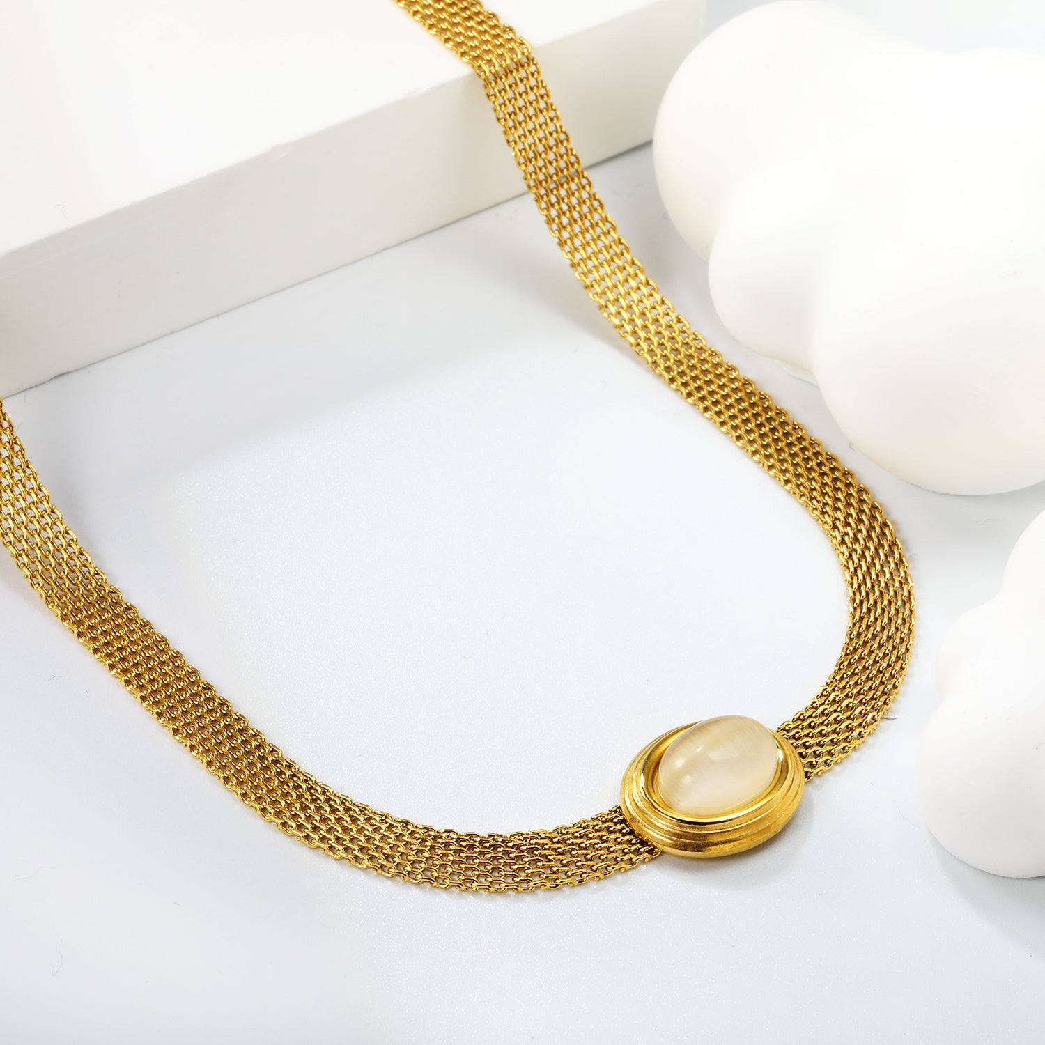 14*17mm Oval with white cat's eye/tiger eye pendant Thick 1*Wide 6mm Mesh Chain 40+5cm+6mm Round Necklace Golden asonjewelry