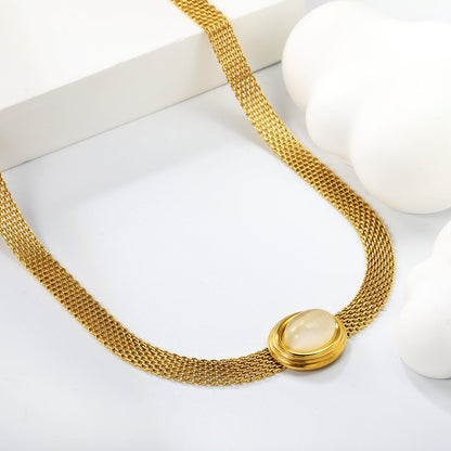 14*17mm Oval with white cat's eye/tiger eye pendant Thick 1*Wide 6mm Mesh Chain 40+5cm+6mm Round Necklace Golden asonjewelry