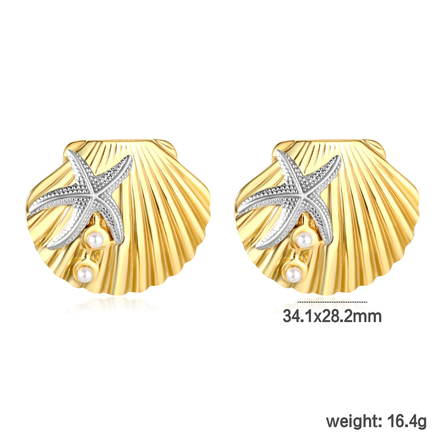 34.1mm*28.2mm Pearl Sea Star Shell Stud Earrings, Two-Tone Gold asonjewelry