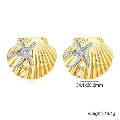 34.1mm*28.2mm Pearl Sea Star Shell Stud Earrings, Two-Tone Gold asonjewelry