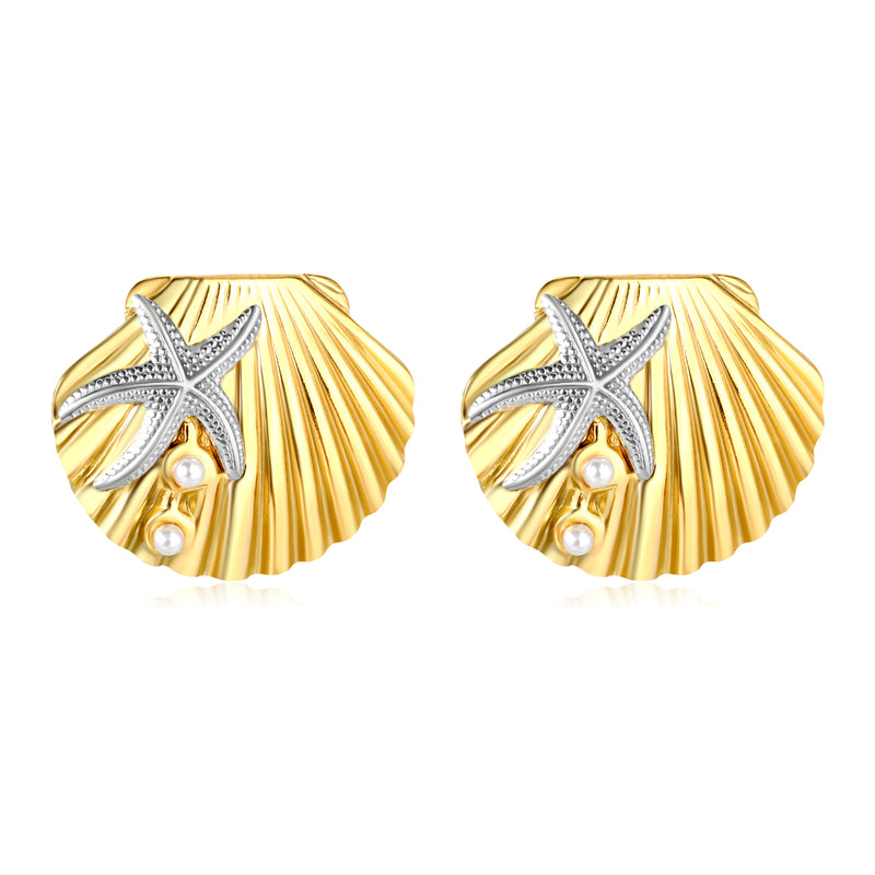 34.1mm*28.2mm Pearl Sea Star Shell Stud Earrings, Two-Tone Gold