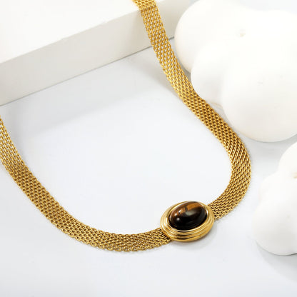 14*17mm Oval with white cat's eye/tiger eye pendant Thick 1*Wide 6mm Mesh Chain 40+5cm+6mm Round Necklace Golden asonjewelry