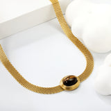 14*17mm Oval with white cat's eye/tiger eye pendant Thick 1*Wide 6mm Mesh Chain 40+5cm+6mm Round Necklace Golden