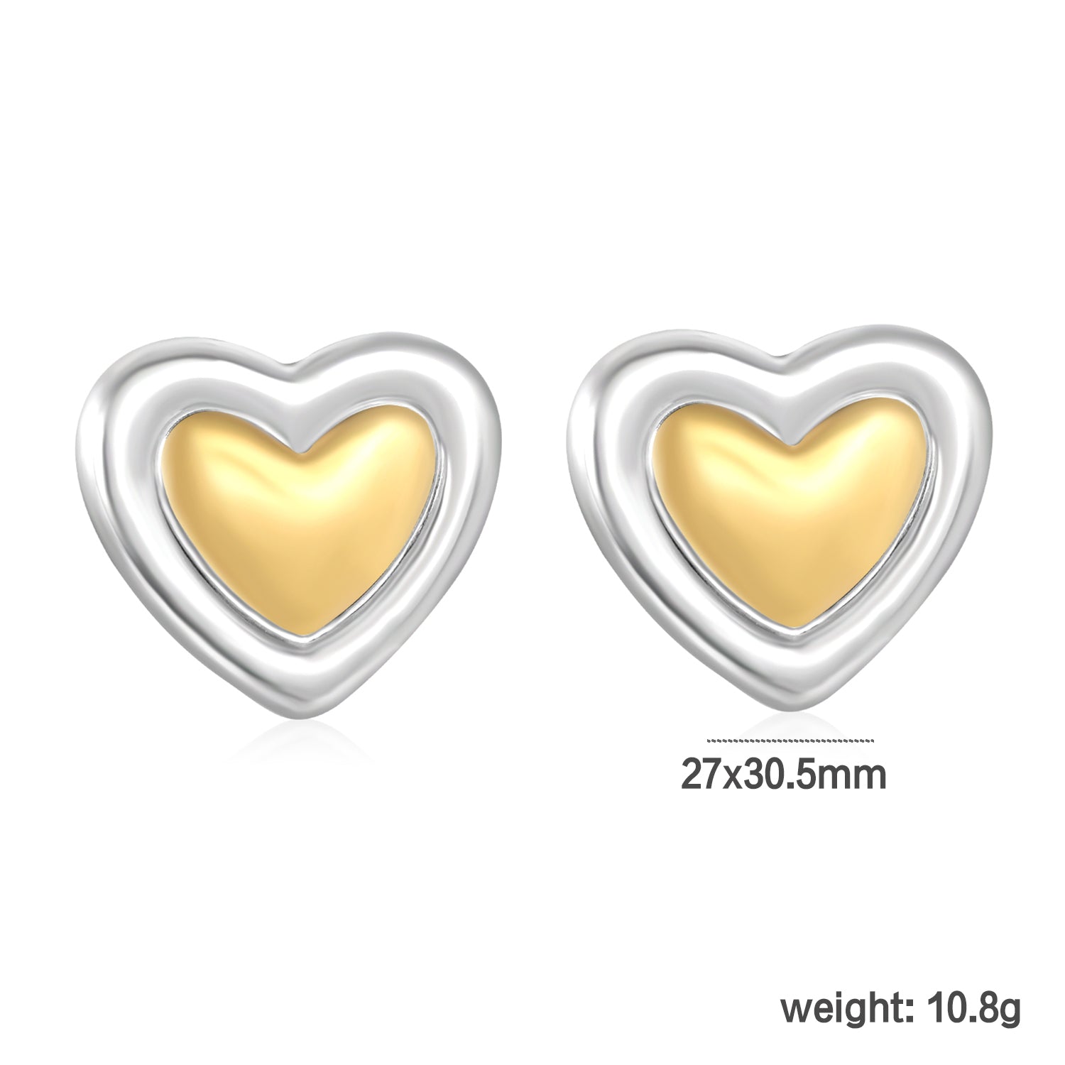 27mm*30.5mm Two-Tone Heart Stud Earrings, Two-Tone Gold asonjewelry