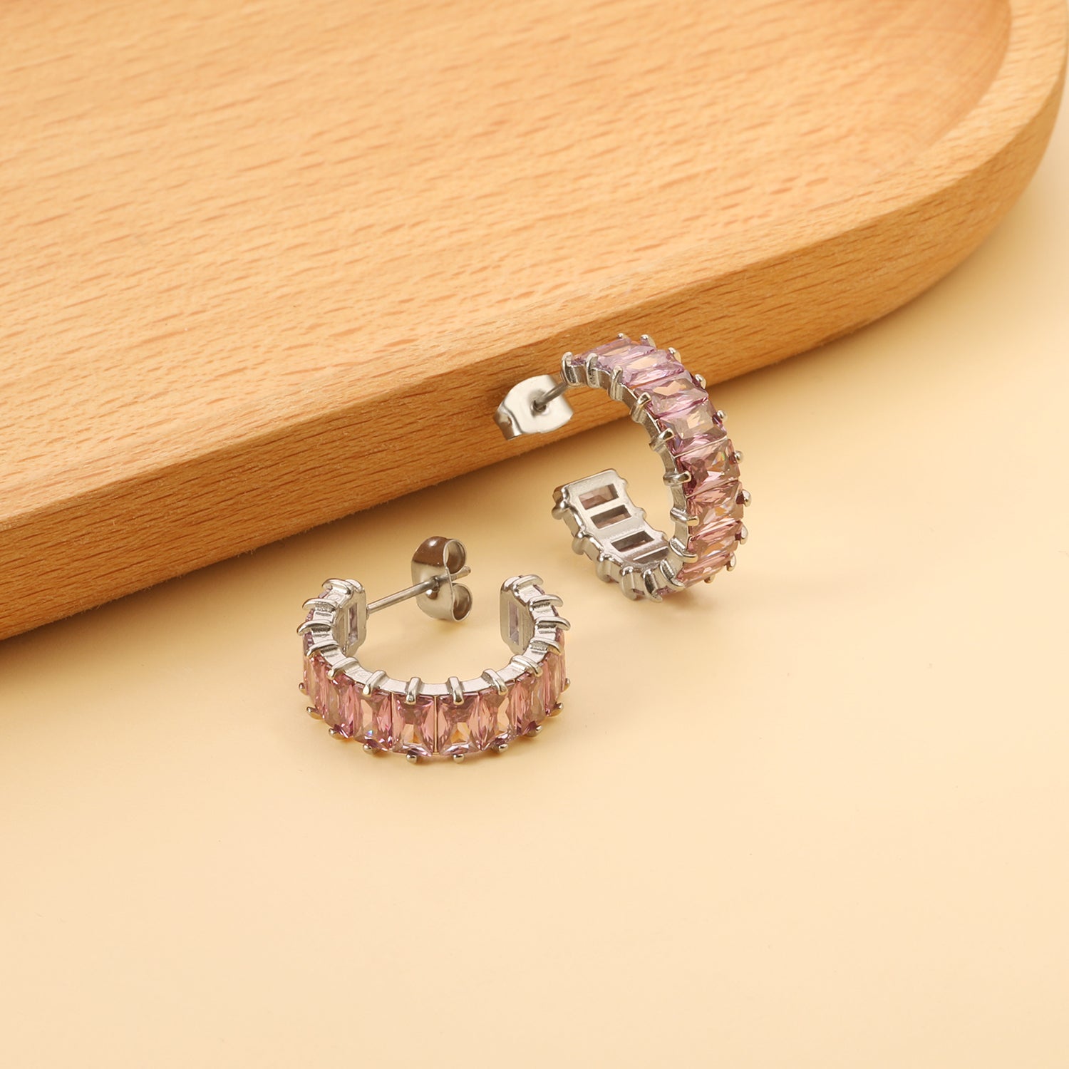 C-Shape with Two Catch Baguette White&Purple&Green&Mixed Diamond Stud Earrings 6.8*21mm asonjewelry