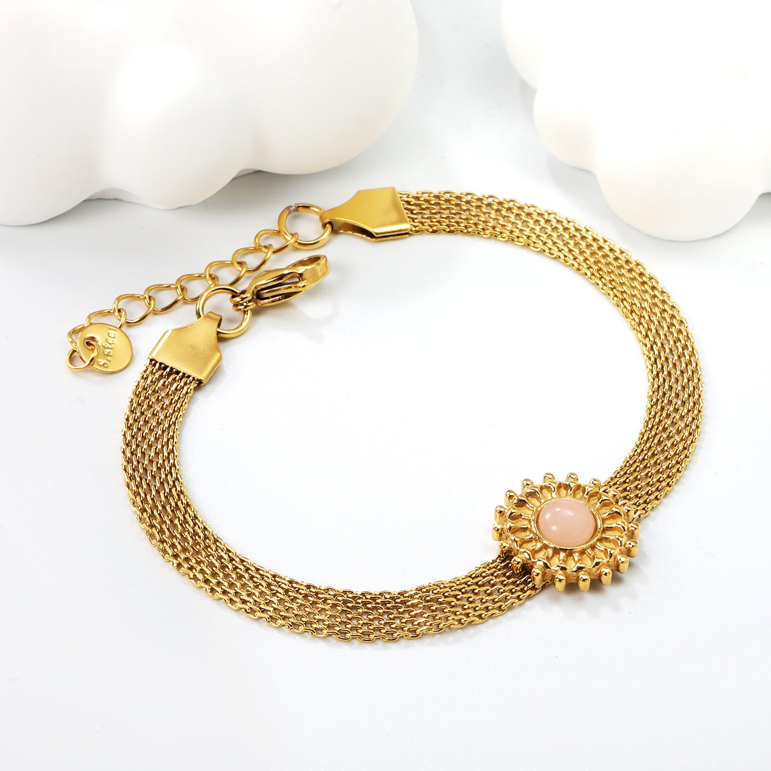 15mm round with imitation white pearl/pink crystal/tiger's eye accessories Thick 1*Width 6mm mesh chain 18+3cm+6mm round plaque Bracelet gold color asonjewelry