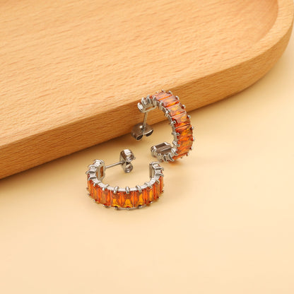 C-Shape with Two Catch Baguette White&Purple&Green&Mixed Diamond Stud Earrings 6.8*21mm asonjewelry