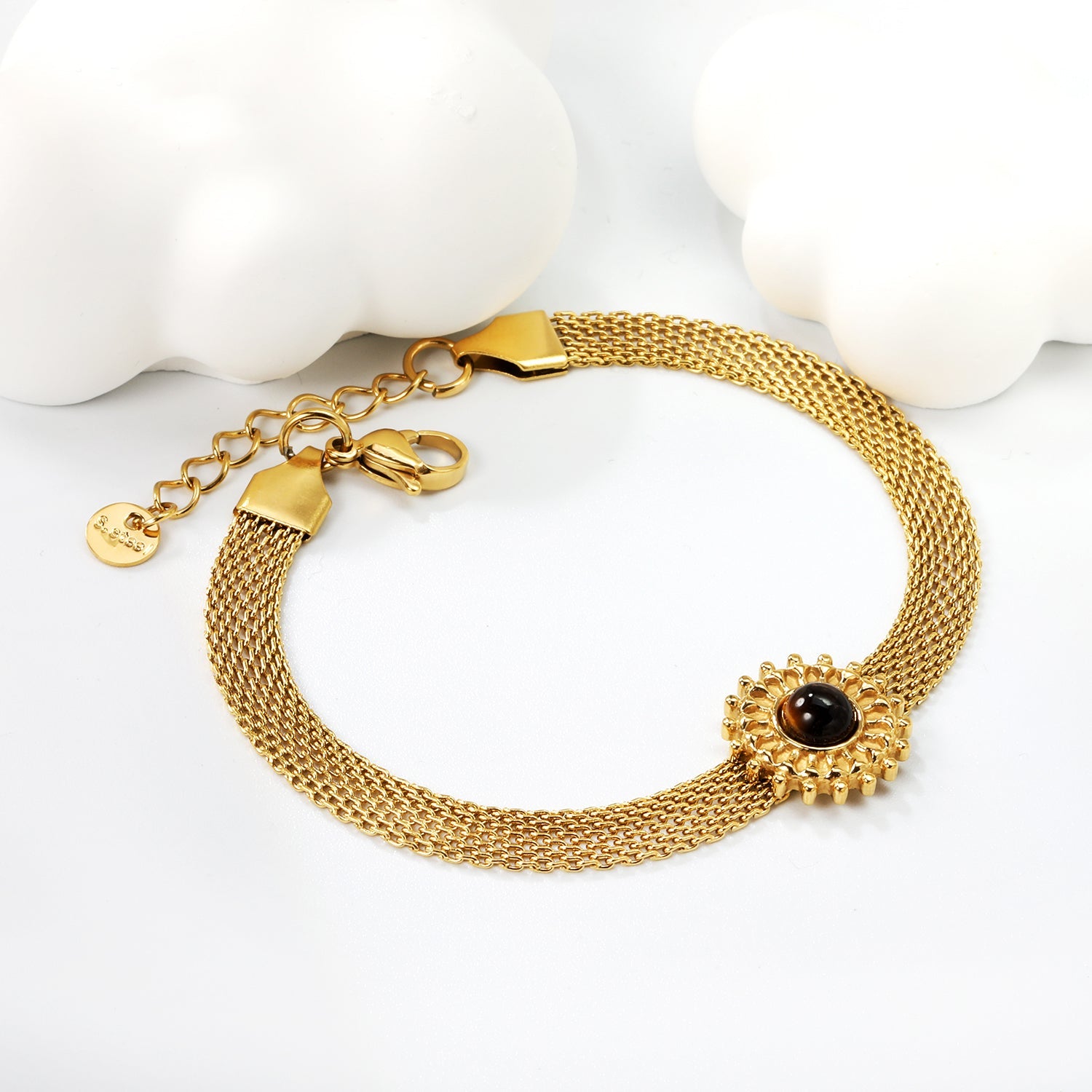 15mm round with imitation white pearl/pink crystal/tiger's eye accessories Thick 1*Width 6mm mesh chain 18+3cm+6mm round plaque Bracelet gold color asonjewelry