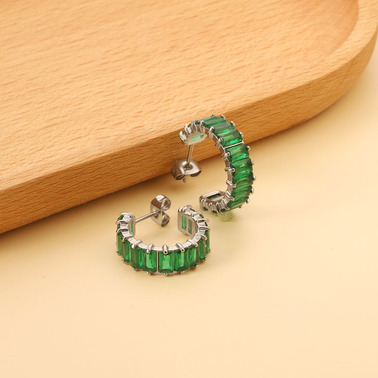 C-Shape with Two Catch Baguette White&Purple&Green&Mixed Diamond Stud Earrings 6.8*21mm asonjewelry