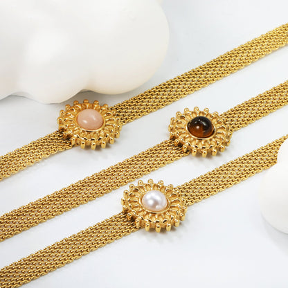 15mm round with imitation white pearl/pink crystal/tiger's eye accessories Thick 1*Width 6mm mesh chain 18+3cm+6mm round plaque Bracelet gold color asonjewelry