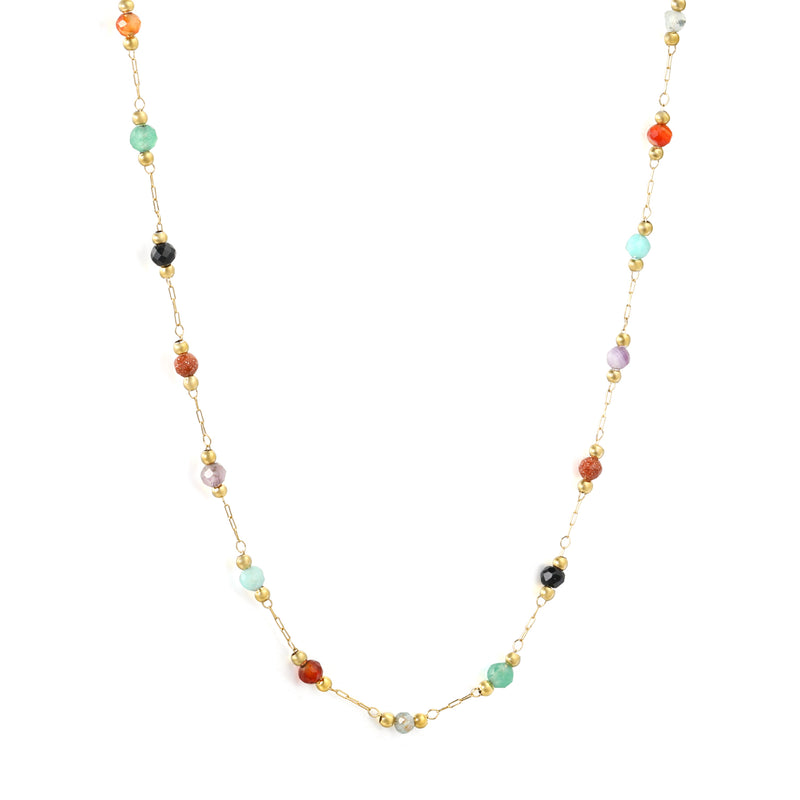 2mm Small Steel Bead + 3.2mm Colored Stone Square End Cap Necklace, Gold