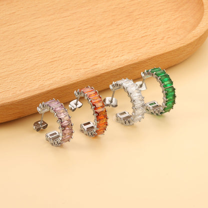 C-Shape with Two Catch Baguette White&Purple&Green&Mixed Diamond Stud Earrings 6.8*21mm asonjewelry