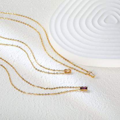 4.5*7.4mm Square White/Purple/Champagne Zircon Pendant 0.3 Cross Chain 40+5cm+6mm Round Tail Plaque Necklace GOLDEN asonjewelry