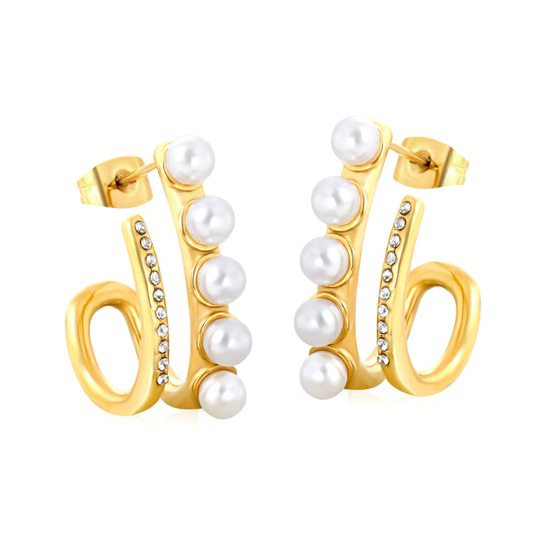 10.5*22mm French Openwork White Imitation Pearl + White Diamond Stud Earrings, Gold