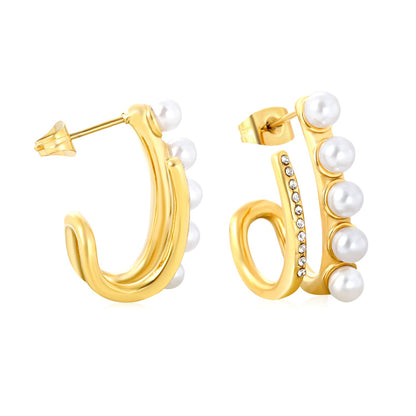 10.5*22mm French Openwork White Imitation Pearl + White Diamond Stud Earrings, Gold asonjewelry