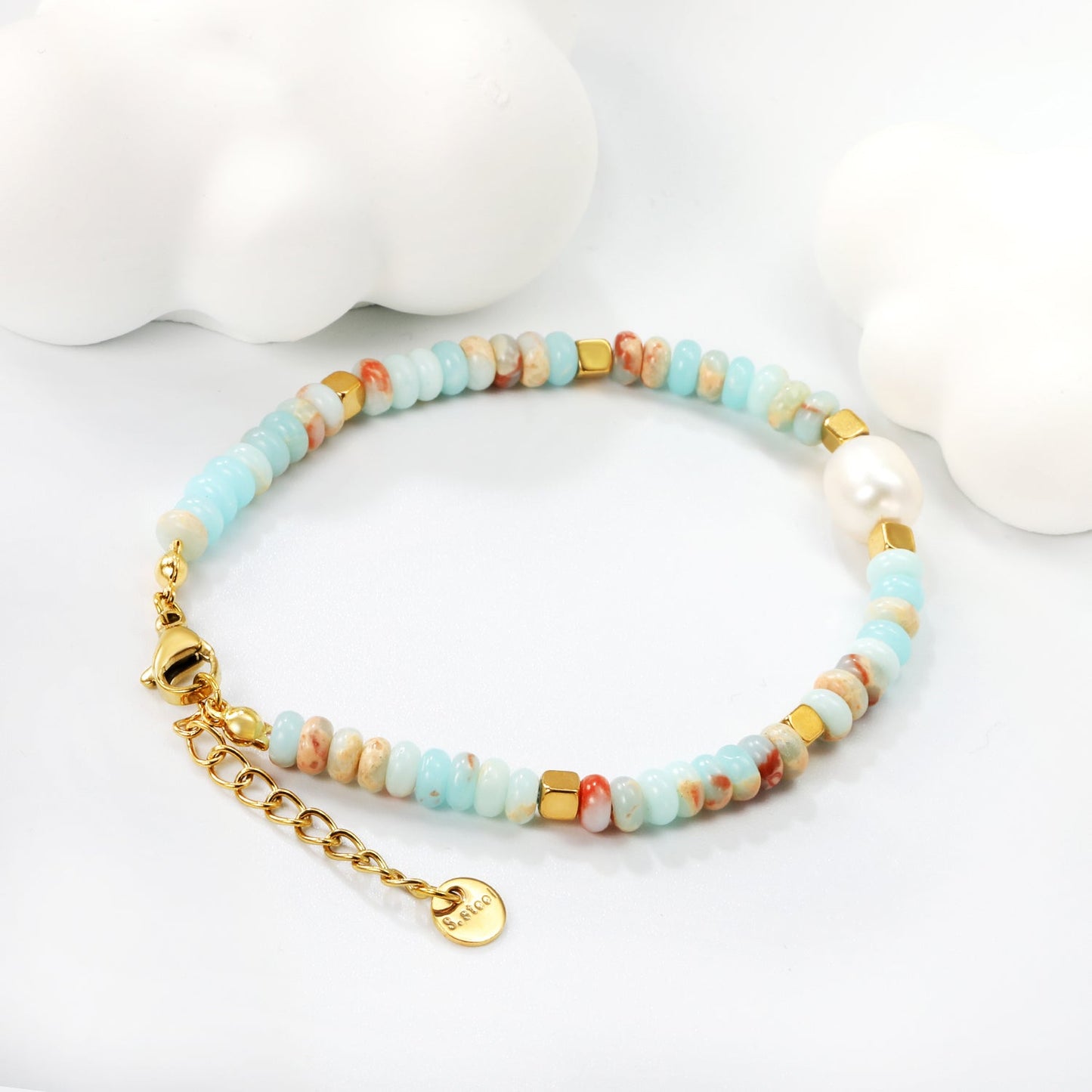 4.5*2.5mm round flat imitation Shoushan stone+3mm square+8.2*9.5mm freshwater pearl Bracelet 17+3cm+6mm round plate Gold color asonjewelry