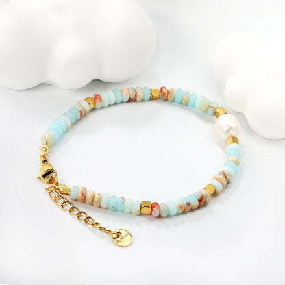 4.5*2.5mm round flat imitation Shoushan stone+3mm square+8.2*9.5mm freshwater pearl Bracelet 17+3cm+6mm round plate Gold color asonjewelry