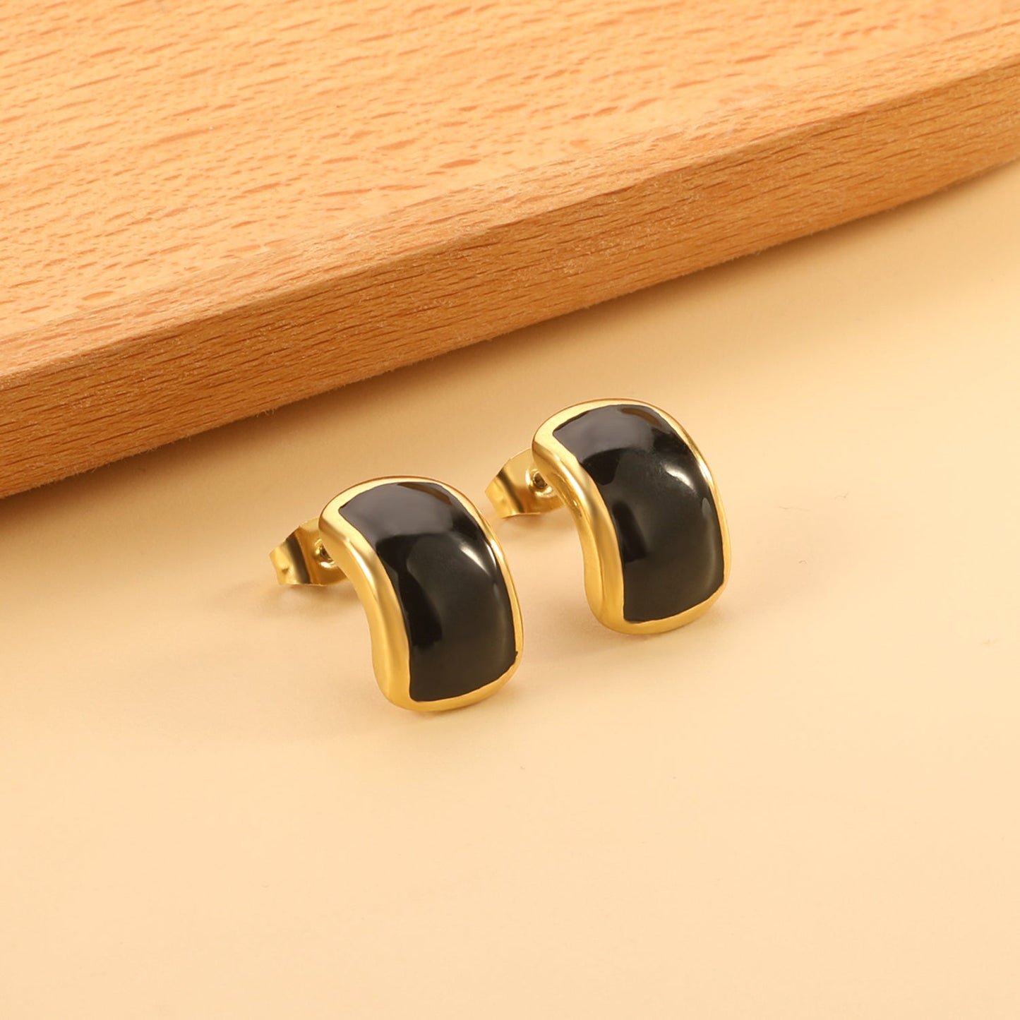 Curved rectangle with black oil drop earrings 10.6*15.8mm gold color asonjewelry