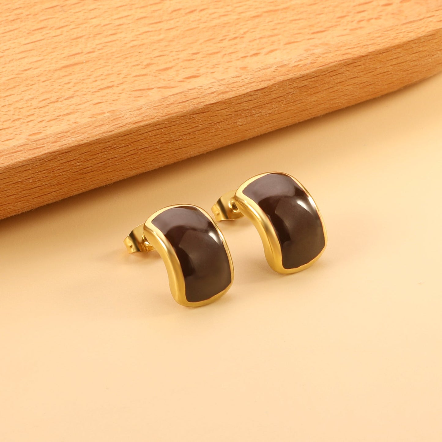 Curved rectangle with black oil drop earrings 10.6*15.8mm gold color asonjewelry