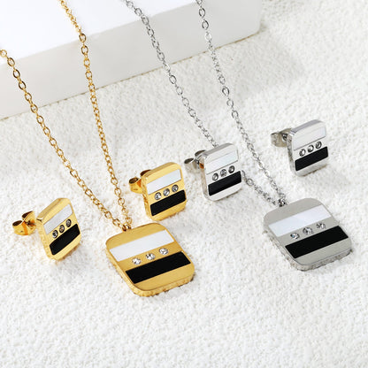 Rectangle Sticky Black and White Shells + White Diamonds Set Steel Color / Gold Earrings: 10.5*12mm Pendant: 16*18mm 04 Cross 45+5cm+6mm Round Plaque asonjewelry