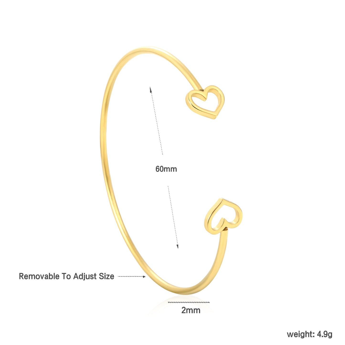 2mm Wide Inner Diameter 60mm Openwork Heart Open Bangle Gold asonjewelry