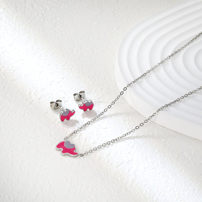 8.6*6.4mm small elephant with pink oil drop earrings +12.2*9mm pendant set cross 0.3mm*45+5cm+6mm round plate steel color / gold color asonjewelry