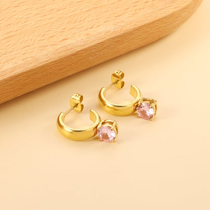 4.3*15mm C-shaped hoop with four scratches round white&black&purple&pink&green diamond stud earrings 6.2mm asonjewelry