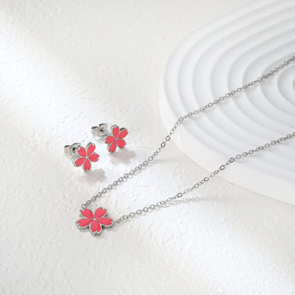 10mm cherry blossom with pink oil drop earrings + 12.5mm pendant set cross 0.3mm*45+5cm+6mm round plate steel color / gold color asonjewelry
