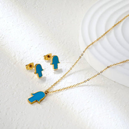 Glossy set Gold/light blue Earrings: 8.7*10.8mm Pendant: 10.7*13.6mm 0.3 cross chain 40+5cm+6mm round plate asonjewelry