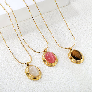14*17mm oval with white/rose cat's eye/tiger's eye pendant 40+5cm+6mm round necklace gold color