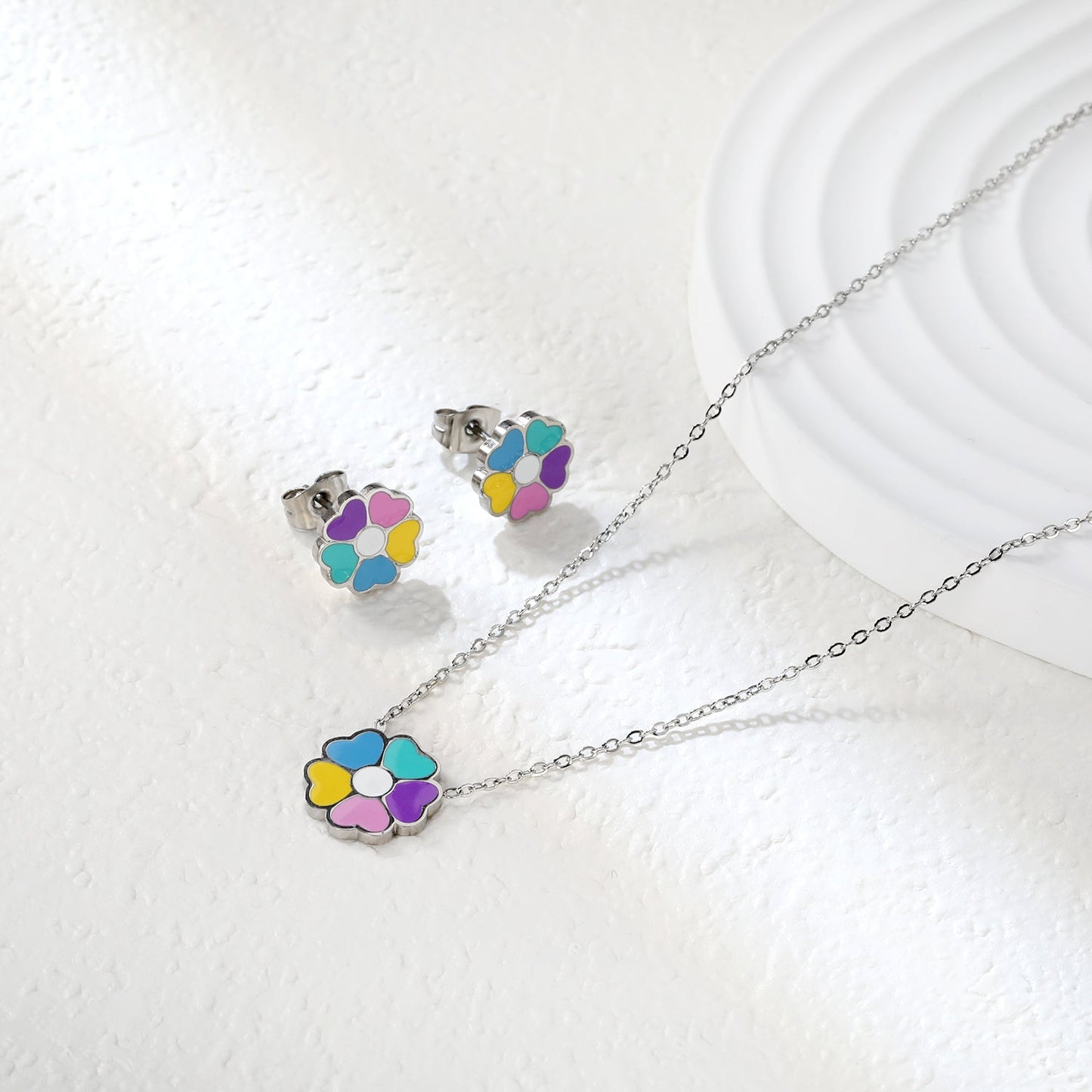 Colorful Flowers Set Steel/Gold Earrings:10.4*10.4mm Pendant:12.2*11.8mm 0.3 Cross Chain 42+5cm+6mm Round Plaque asonjewelry