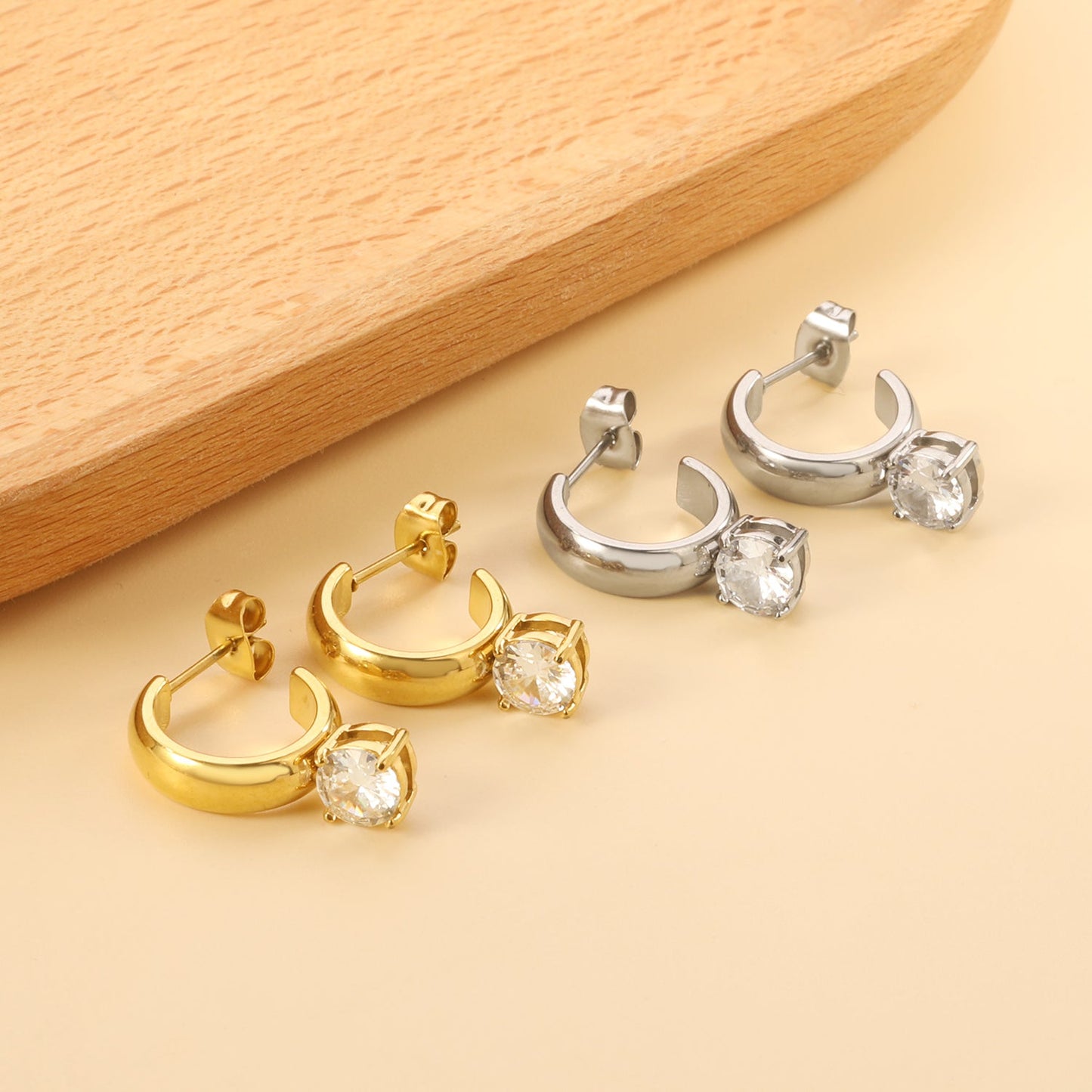 4.3*15mm C-shaped hoop with four scratches round white&black&purple&pink&green diamond stud earrings 6.2mm asonjewelry