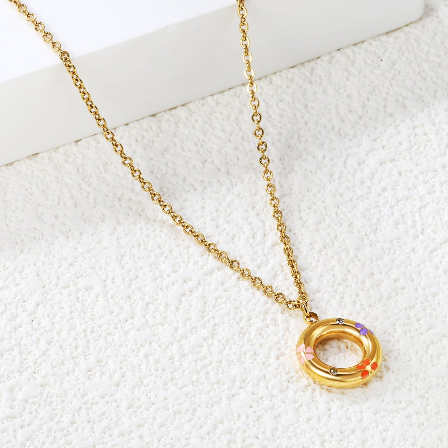 13mm circle with mixed color flower oil drop pendant necklace 40+5cm+Golden asonjewelry