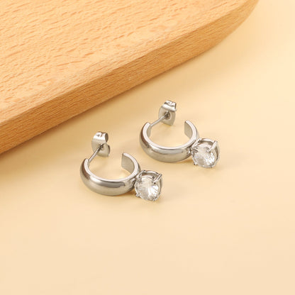 4.3*15mm C-shaped hoop with four scratches round white&black&purple&pink&green diamond stud earrings 6.2mm asonjewelry