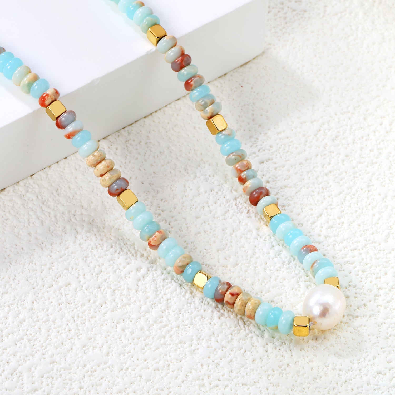 4.5*2.5mm Round Flat Imitation Shoushan Stone+3mm Square+8.2*9.5mm Freshwater Pearls Necklace 35+7cm+6mm Round Necklace GOLDEN asonjewelry
