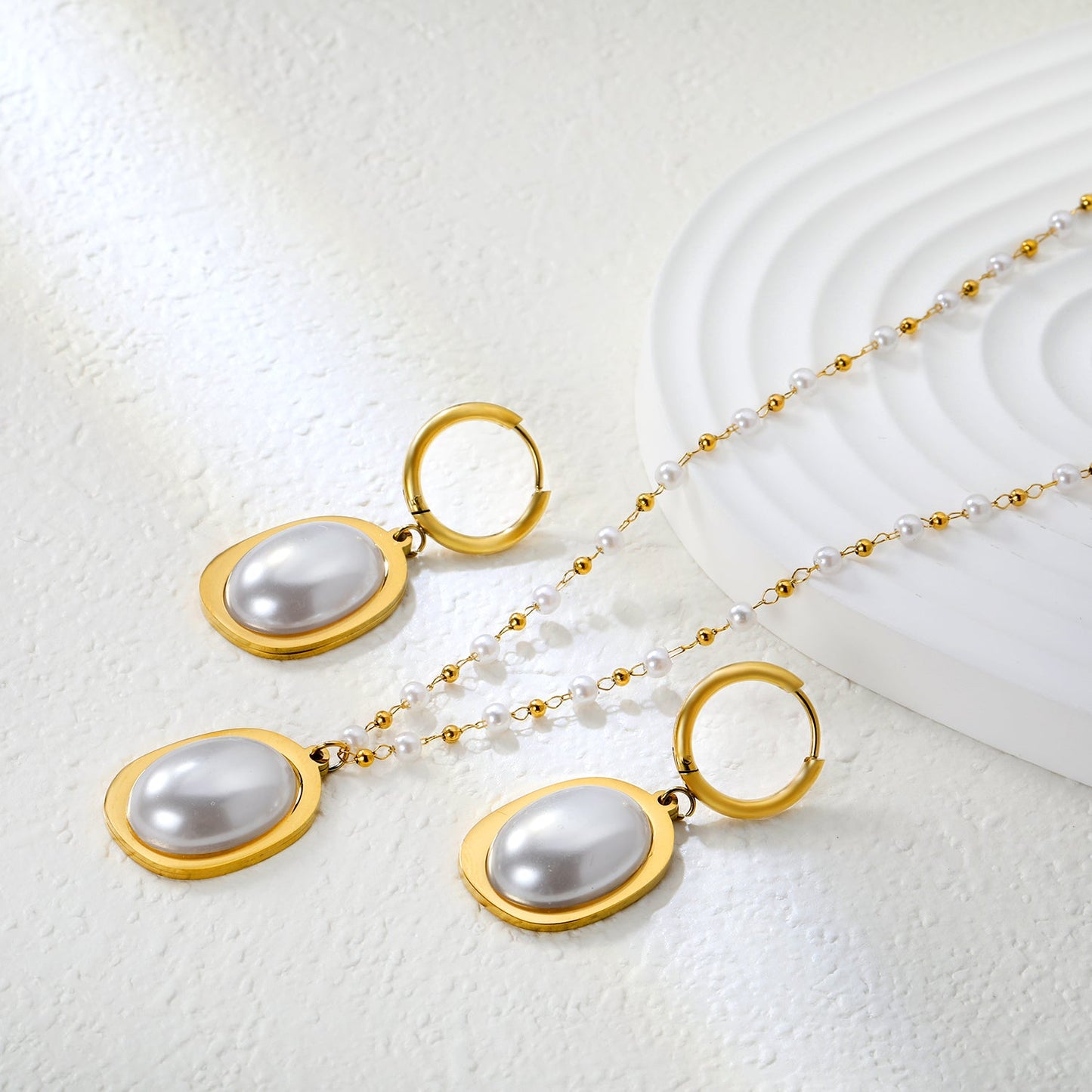 Pearl Necklace Earrings Set Gold Earrings: 16.3*23.6mm Pendant: 16.3*23.6mm 3mm Pearl + 1.9mm Steel Bead Chain 40+5cm+6mm Round Tail Plaque asonjewelry