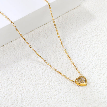 7.7 x 8mm beveled heart-shaped CNC white zirconia pendant with 0.3mm cross chain (40+5cm) and 6mm round tag necklace in steel gray/gold asonjewelry