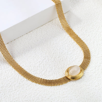 14*17mm Oval with white cat's eye/tiger eye pendant Thick 1*Wide 6mm Mesh Chain 40+5cm+6mm Round Necklace Golden asonjewelry
