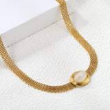 14*17mm Oval with white cat's eye/tiger eye pendant Thick 1*Wide 6mm Mesh Chain 40+5cm+6mm Round Necklace Golden