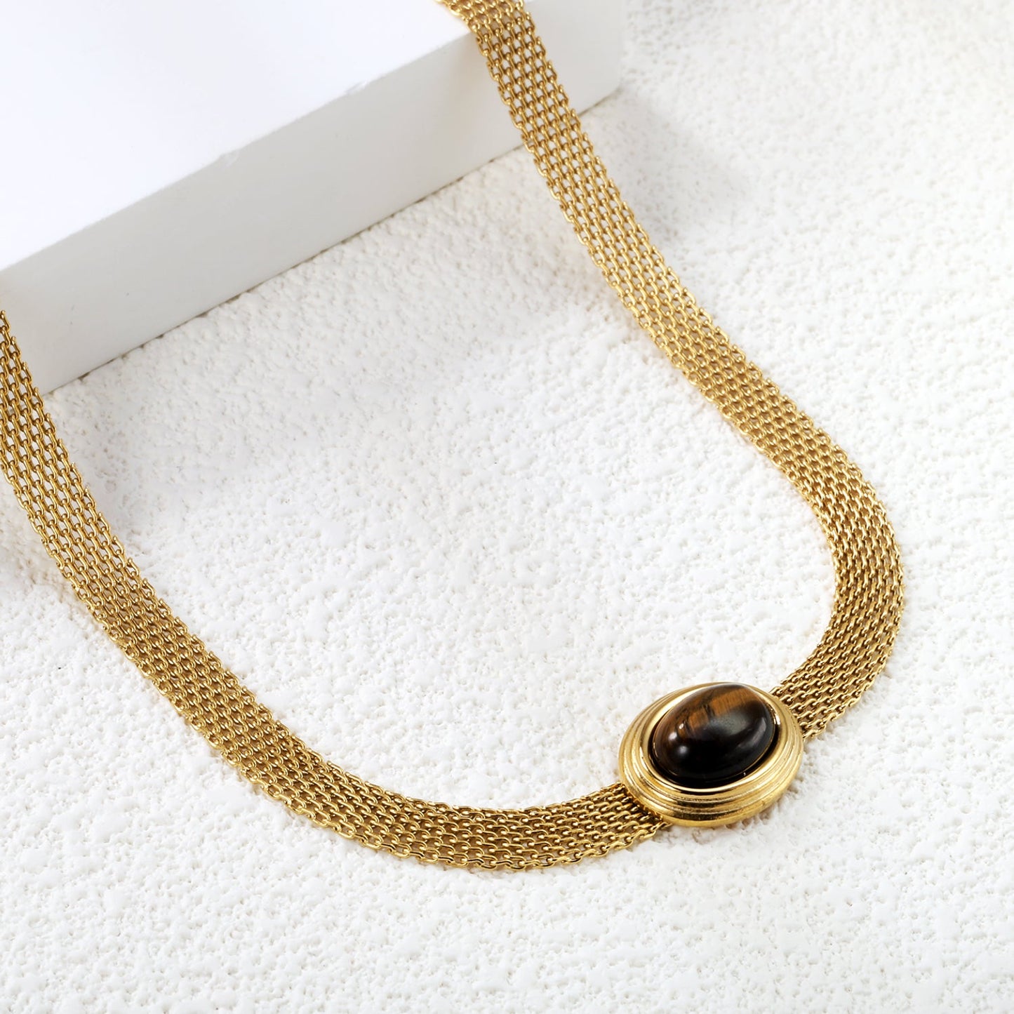 14*17mm Oval with white cat's eye/tiger eye pendant Thick 1*Wide 6mm Mesh Chain 40+5cm+6mm Round Necklace Golden asonjewelry