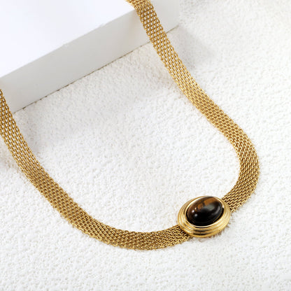 14*17mm Oval with white cat's eye/tiger eye pendant Thick 1*Wide 6mm Mesh Chain 40+5cm+6mm Round Necklace Golden asonjewelry
